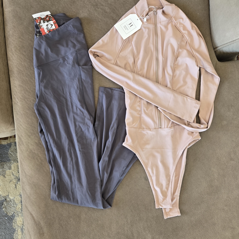 Pink Zip-Up Bodysuit and Gray Leggings Set